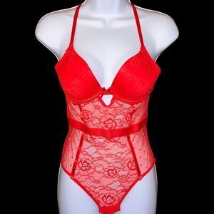 NWT Sexy French Affair 1 Piece Racing Red ￼Lace Push Up Lingerie Size Medium